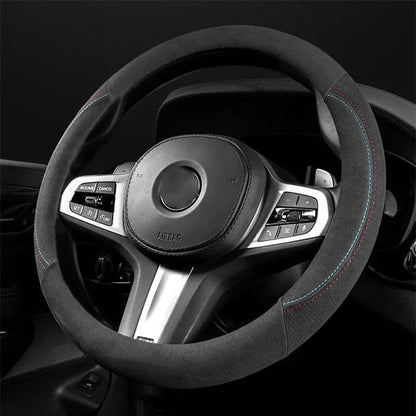 Universal Cowhide Suede Steering Wheel Cover — Breathable 37-38cm Car Steering Wheel Wrap Accessories
