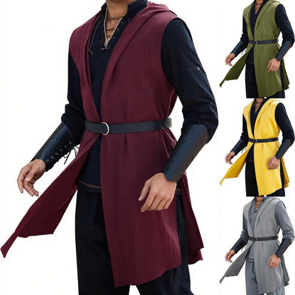 Runcati Men’s Renaissance Costume – Hooded Medieval Knight Surcoat Sleeveless Tunic Tabard for Halloween & Viking Dress-Up