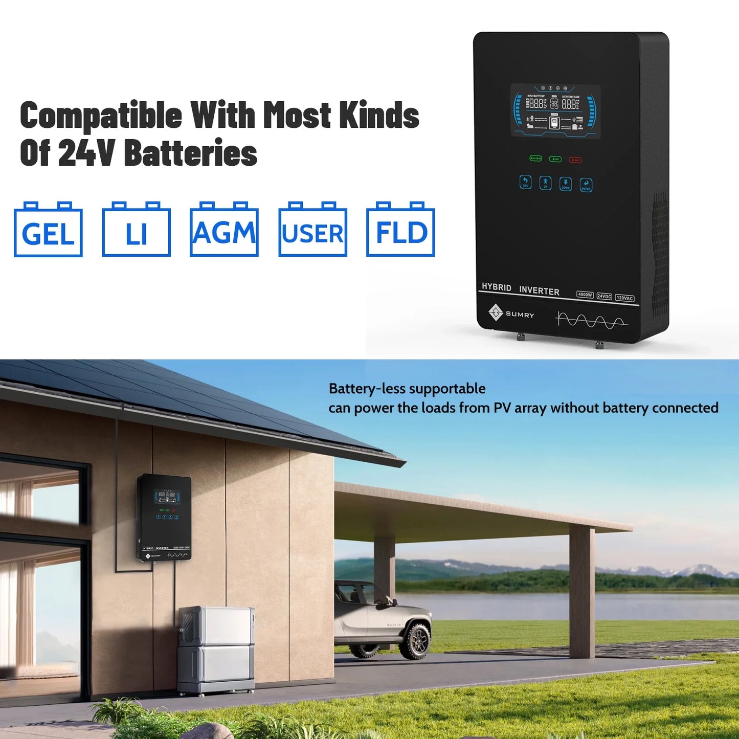 Sumry 4KW Off Grid Solar Inverter - 24V Pure Sine Wave MPPT Charger with LCD Display