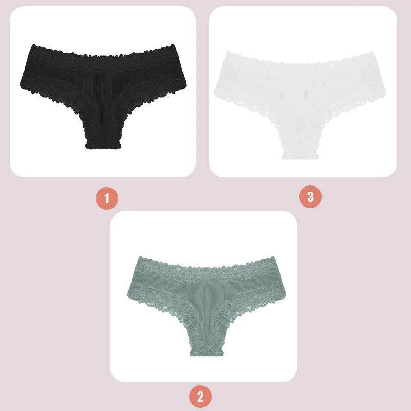 3PCS Lace Seamless Cotton Panties - Ribbed Brazilian Low Waist, Breathable Women’s Underwear, Plus Size Lingerie