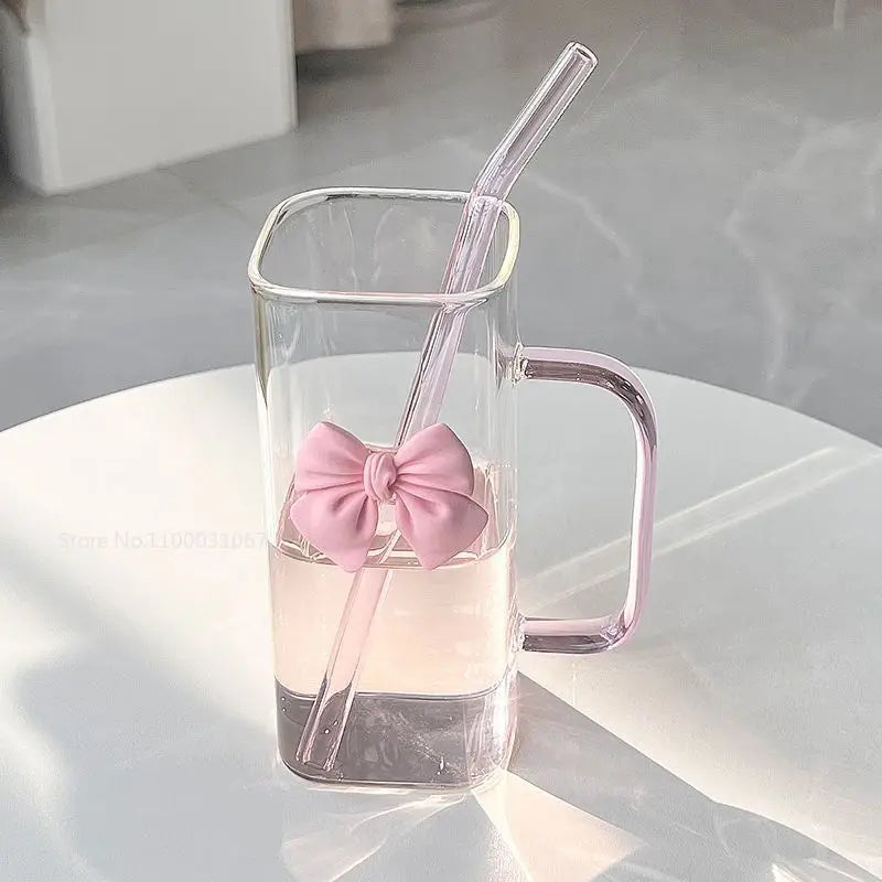 350ML Square Mug with Lid and Straw – Household Cup for Milk and Coffee, Pink Handle Gift for Women