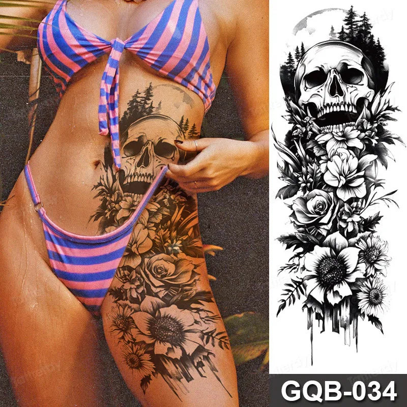Full Arm Dragon Skull Tattoo Sleeve - Waterproof Temporary Body Art Sticker with Clock Compass Flower Design for Men & Women