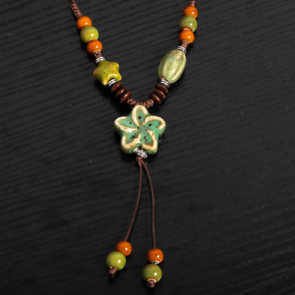 Nature-Inspired Ceramic Pendant Necklace - Handmade Adjustable Boho Ethnic Green Blossom Artisan Jewelry for Women