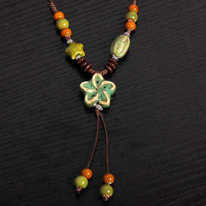 Nature-Inspired Ceramic Pendant Necklace - Handmade Adjustable Boho Ethnic Green Blossom Artisan Jewelry for Women