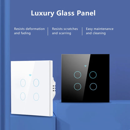 Tuya WiFi Smart Touch Light Switch - Wireless LED Control, No Neutral Wire Required, 1-4 Gang, Compatible with Alexa and Google Home