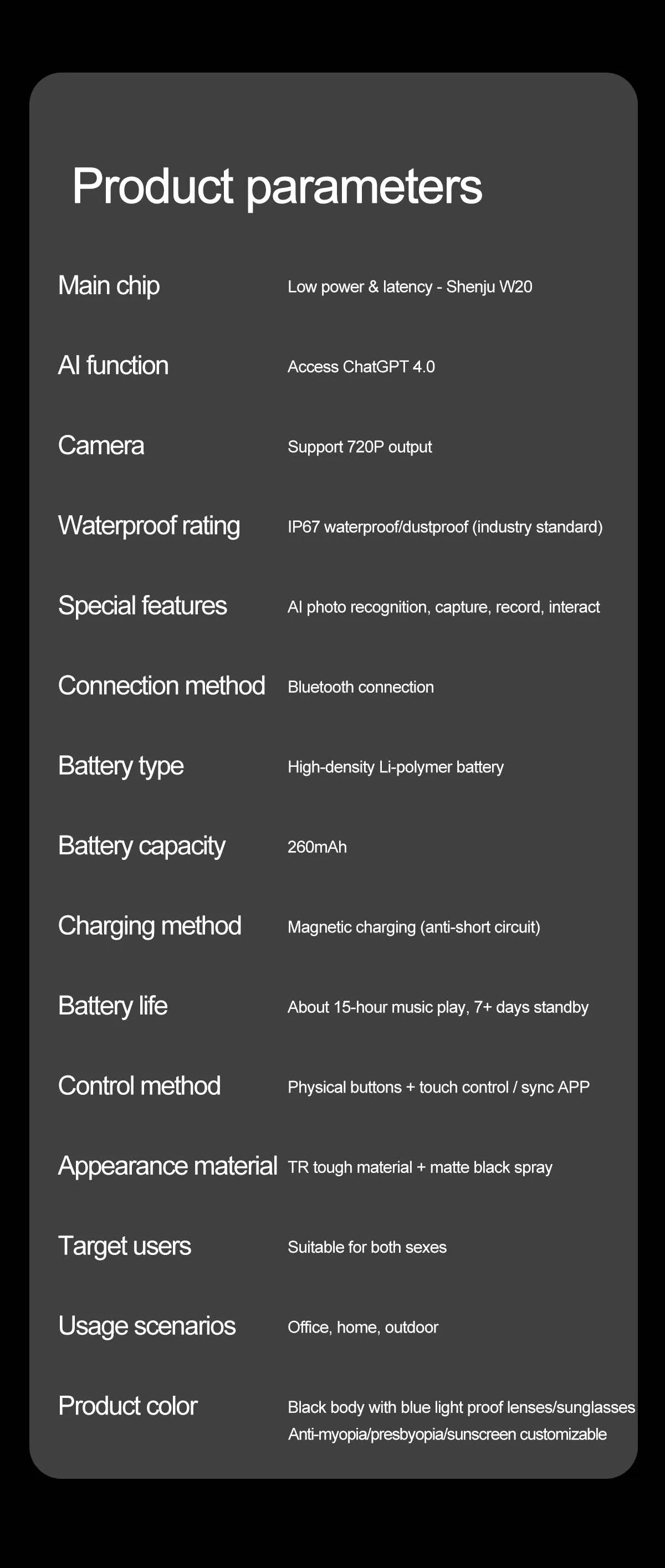 Smart AI Glasses — Video Recording, Photo Recognition, Translation, Bluetooth with 260mAh Battery, IP65 Waterproof