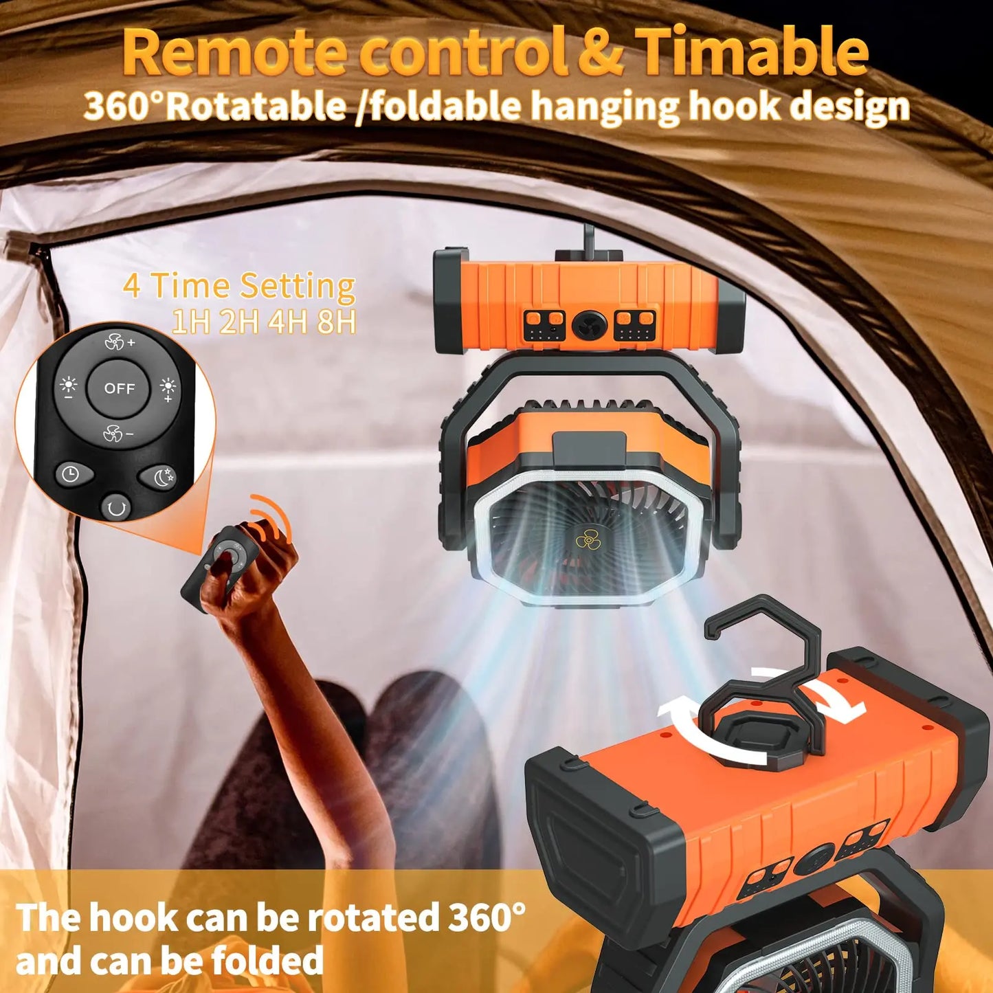20000mAh / 10000mAh USB Rechargeable Camping Fan — Portable Wireless Air Circulator with 270° Rotating Head & Hook