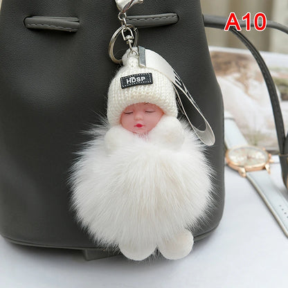 Cute Pompom Sleeping Baby Keychain - Fluffy Plush Doll Bag Charm, Key Ring & Gift for Women and Girls
