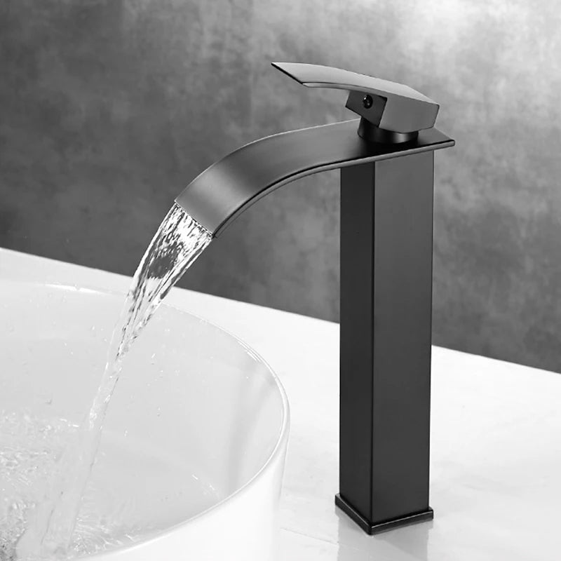 Bathroom Basin Sink Faucet - Deck Mount Waterfall Spout Tap with Single Handle, Hot & Cold Water Mixer for Vanity Washbasin