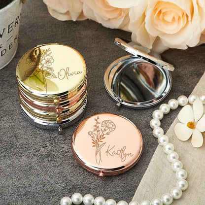 Engraved Birth Flower Compact Mirror - Personalized Name Pocket Mirror Gift for Her
