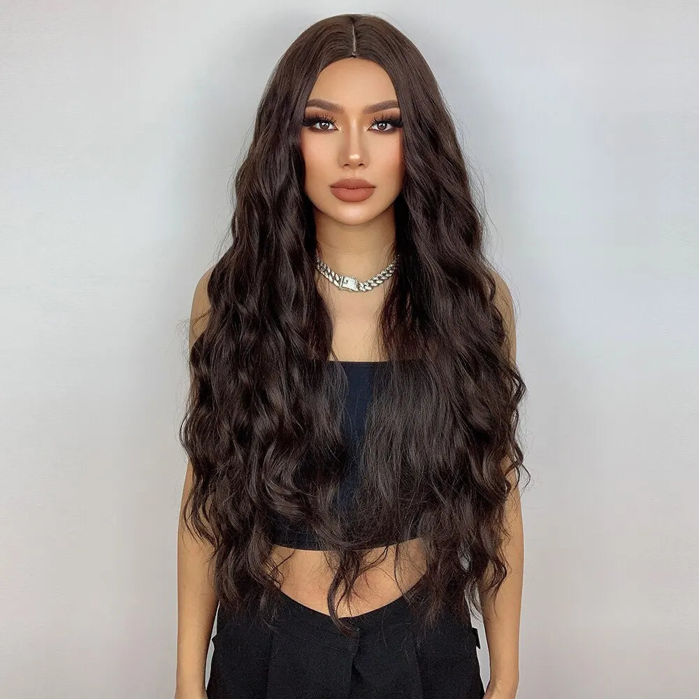 HAIRCUBE Long Brown Curly Wavy Wig: Synthetic Middle Part Wig for Women - Heat Resistant, Perfect for Any Occasion