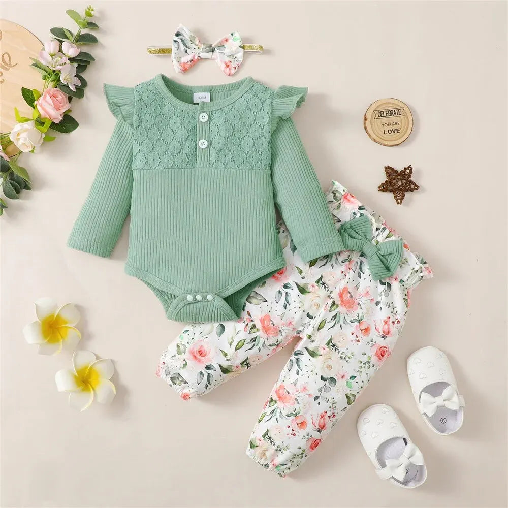 3-Piece Baby Girl Clothes Set – Long Sleeve Romper, Flower Pants & Headband, Spring & Autumn Outfit for 0-18 Months