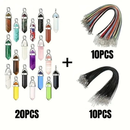 40/30PCS Hexagonal Chakra Crystal Pendant Set – Synthetic Quartz Points with Leather Necklace Chain & Storage Bag