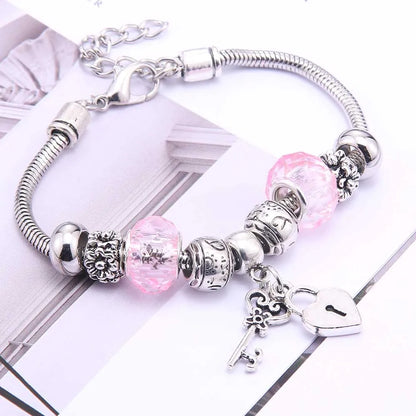Pink Charm Bangle - Butterfly Snake Chain Bracelet with Beads and Lobster Clasp for Women