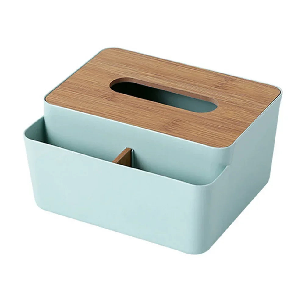 Wooden Tabletop Tissue Box & Storage Organizer – Desktop Holder for Tissue, Remote & Towels