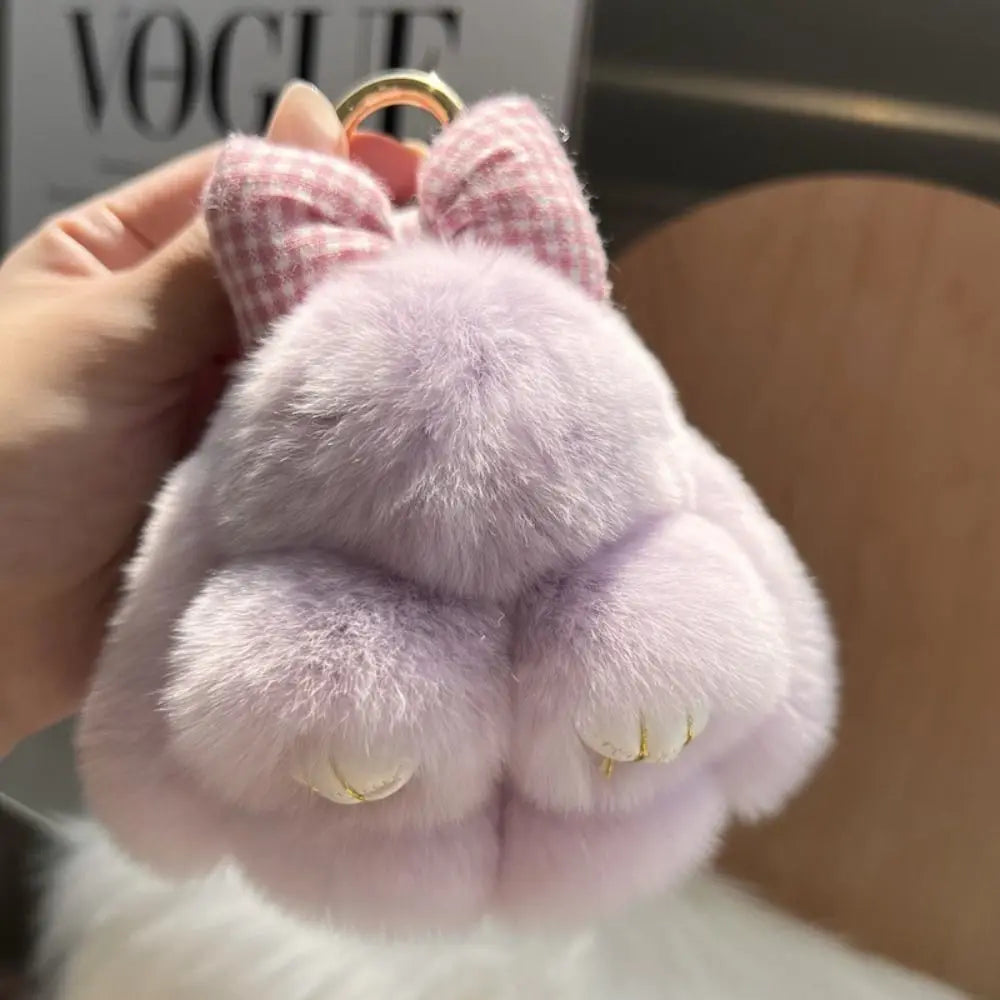 Cute Fluffy Bunny Fur Keychain – Plush Pom Pom Bag Charm and Car Key Ring with Hair Bow