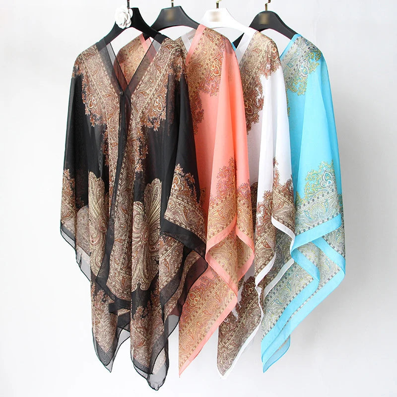 Women’s Summer Beach Shawl – Loose Chiffon Bikini Cover-Up Blouse with Buttons Sun Protection Scarf