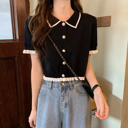 Women’s Summer Knitted Blouse — Chic Retro Slim Short Sleeve Crop Top, All-Match Style