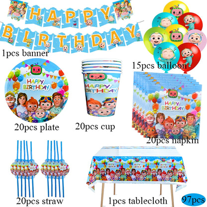 Cartoon JJ Melon Birthday Party Decorations Set – Disposable Tableware, Cups, Plates, Tablecloth, Balloons & Cake Topper for Kids & Baby Shower