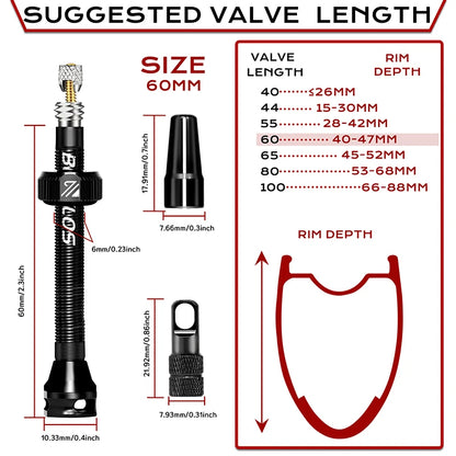 BUCKLOS Tubeless Presta Valves 40–100mm — Aluminum Alloy Bike Valve Stem for Road & MTB