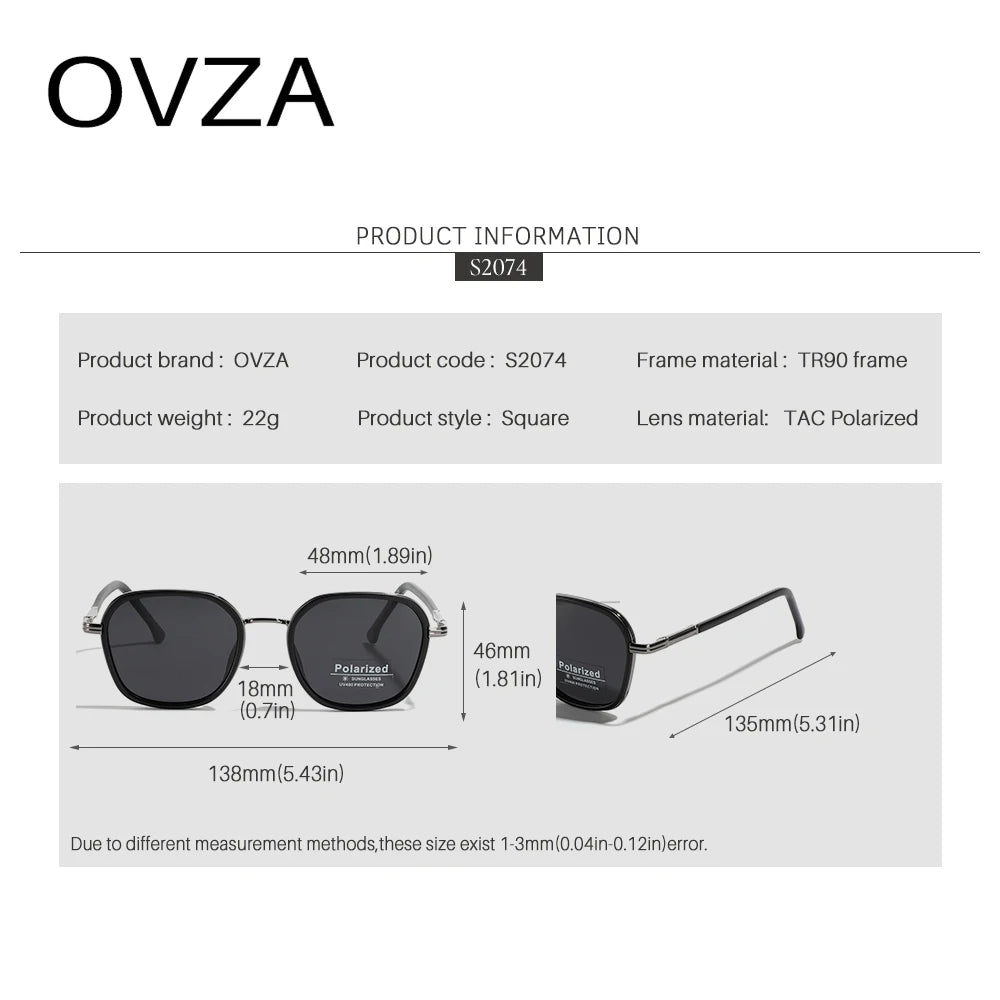 OVZA TR90 Polarized Sunglasses – Fashion Square Frame Driving Glasses for Men & Women S2074