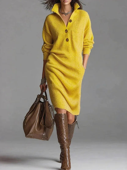 Elegant Ribbed Knit Midi Dress – Lapel Collar Button Front Long Sleeve Fall Winter Sweater Dress