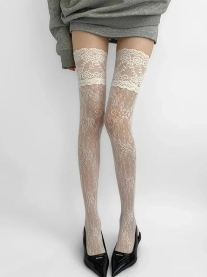 Women's Lace Floral Fishnet Thigh High Socks - Sexy Nylon Mesh Over The Knee Stockings for JK Lolita Style