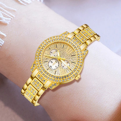 Women's Gold Quartz Watch Jewelry Set – Luxury Wristwatch with Ring, Necklace & Rhinestone Earrings