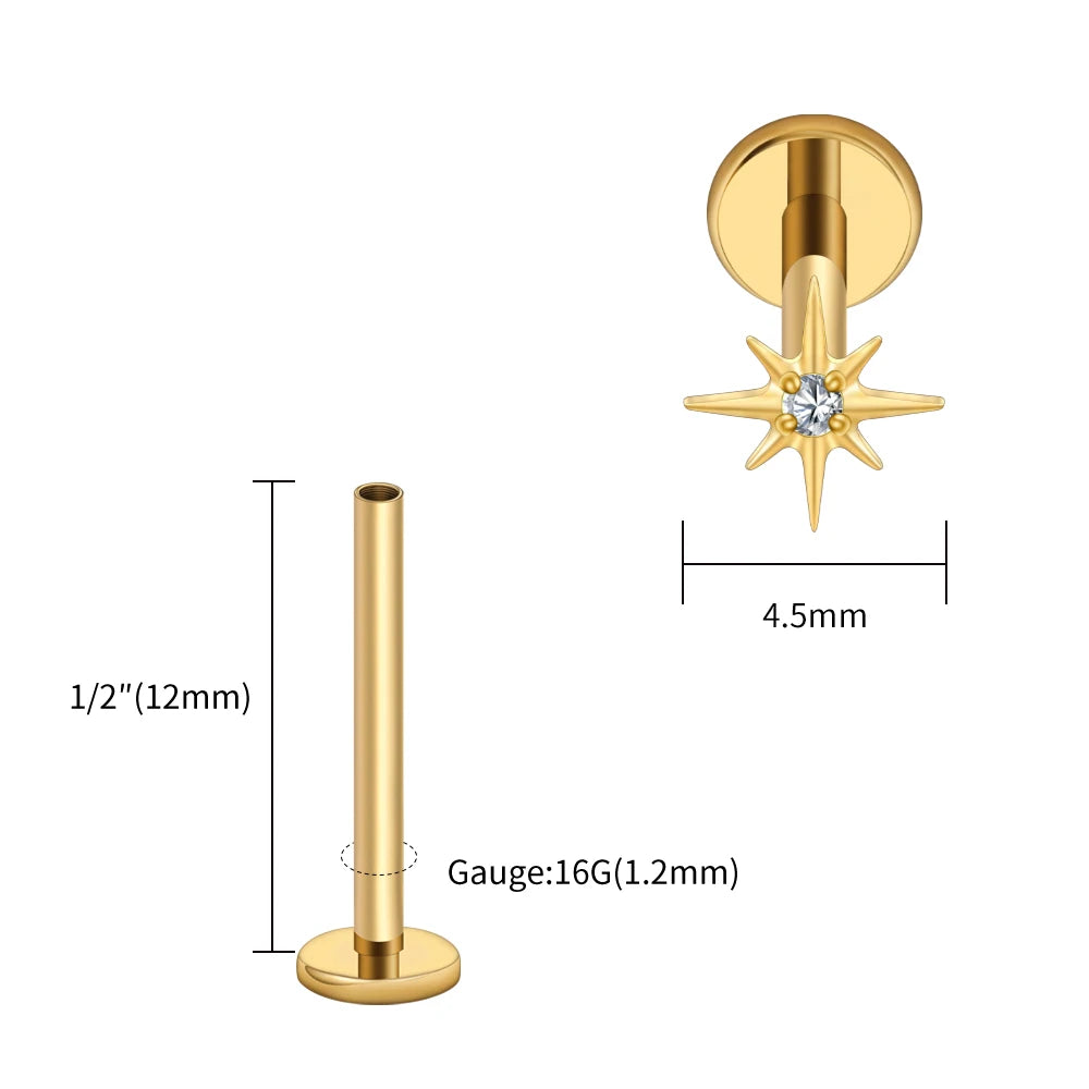 Right Grand ASTM F136 Titanium CZ North Star 16G Flat Back Earring – Tiny Starburst Helix, Cartilage & Earlobe Stud Piercing Jewelry