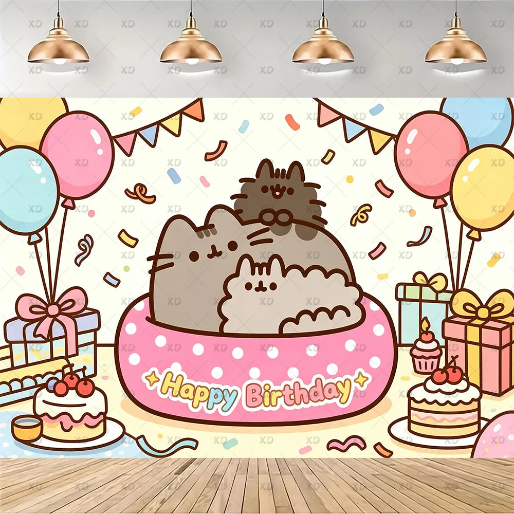 Cute Cat Birthday Party Decorations - Kawaii Balloon Set, Cake Toppers, Bunting Banner, and Party Backdrop Supplies