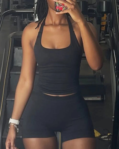 Women’s Strappy Gym Tank Top – Padded Sports Bra Backless Seamless Yoga Crop Top Halter Fitness Vest Activewear