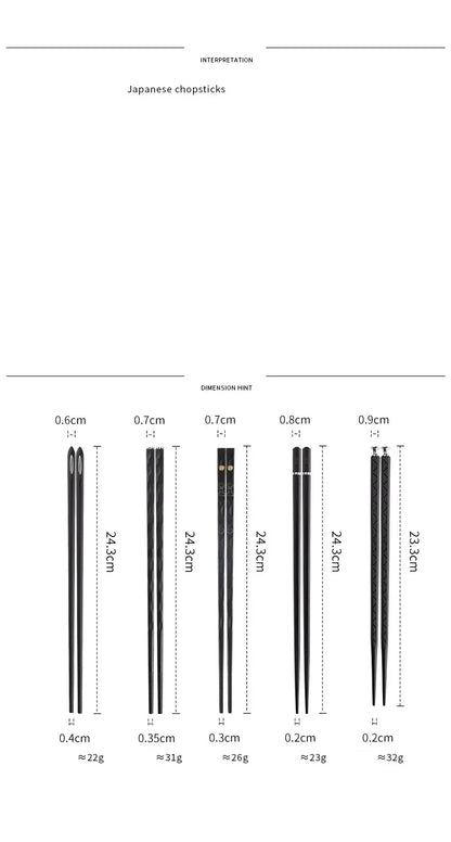 5 Pairs Japanese Reusable Chopsticks – Black Sushi Sticks for Food, Noodles, Alloy Chinese & Korean Kitchen Tableware
