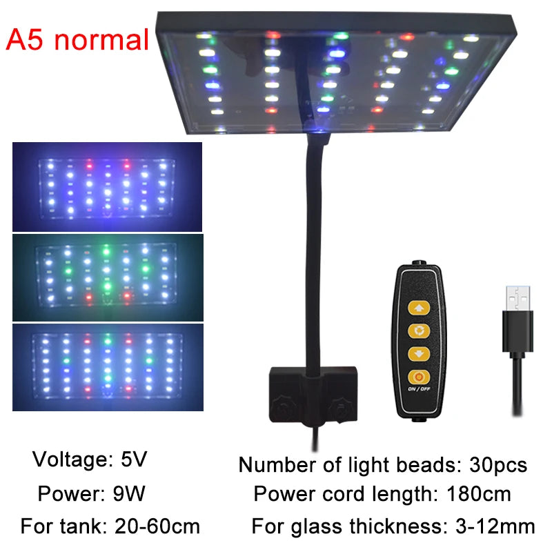 USB Aquarium LED Grow Light – Full Spectrum Fish Tank Lamp with Adjustable Brightness, Timer & 360° Rotatable Dimmable Clip Light