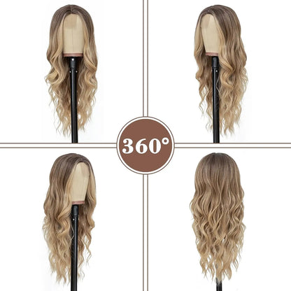 26-Inch Synthetic Ombre Blonde Wavy Wig for Women — Long Middle Part Curly, Heat-Resistant Natural-Look Hair