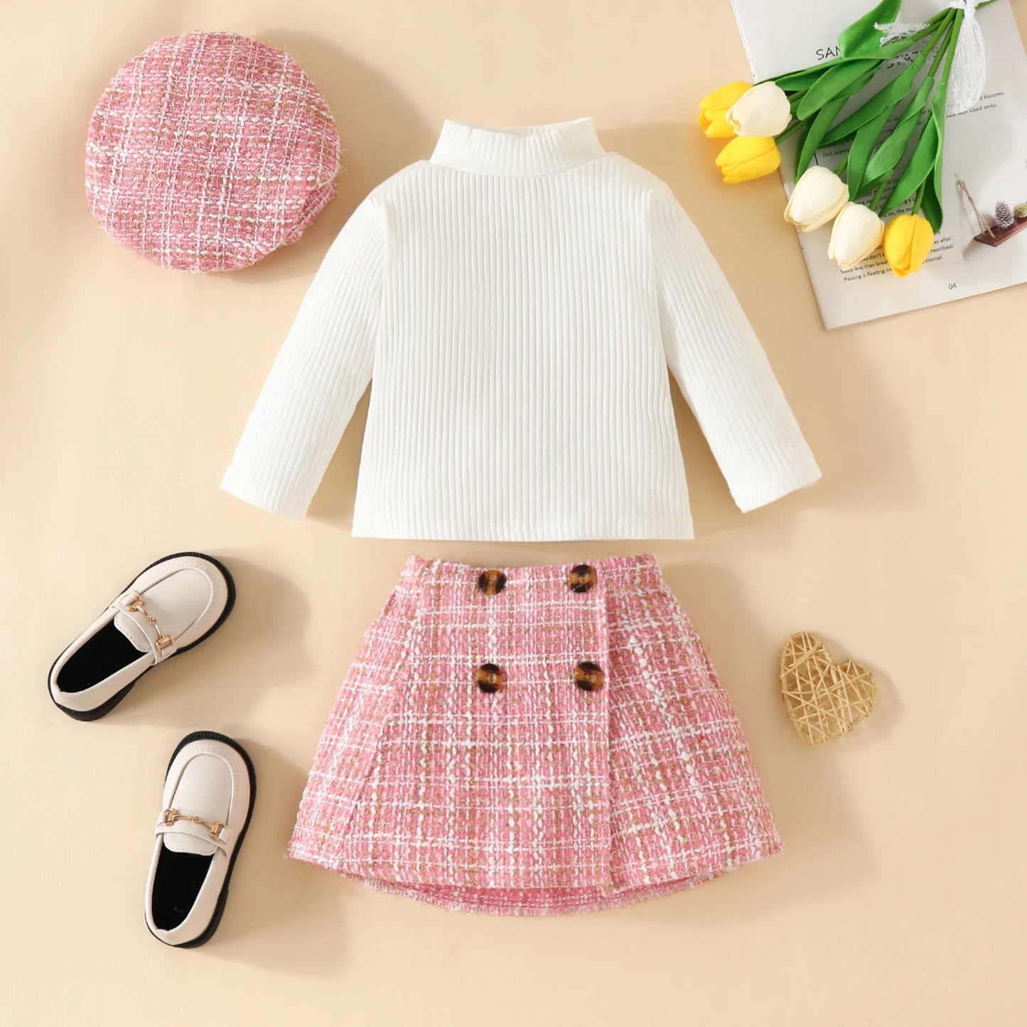 ma&baby Toddler Girls Clothes Set – Knit Long Sleeve Top, Plaid Skirt & Hat, 6M-3Y Fall & Spring Outfit