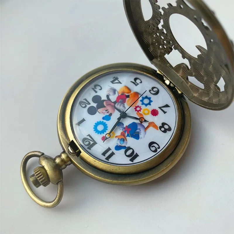 Disney Mickey Mouse Pocket Watch – Vintage Cartoon Quartz Clock with Roman Numerals & Chain Pendant Necklace for Men & Women
