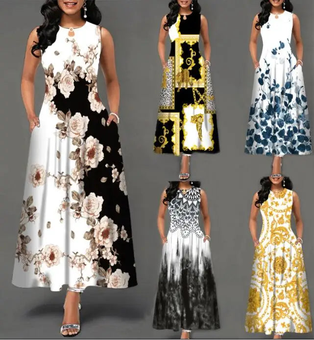 Women’s Loose Floral Vintage Maxi Dress – Ruffled Hole Summer Camis Big Size Elegant Party Dress