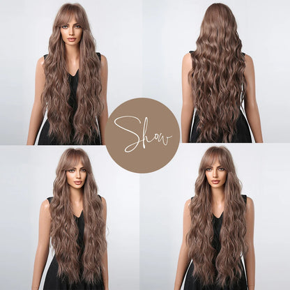 Super Long Curly Wavy Brown Synthetic Wig with Bangs – Heat-Resistant Afro Style for Cosplay, Party, Halloween, White Women