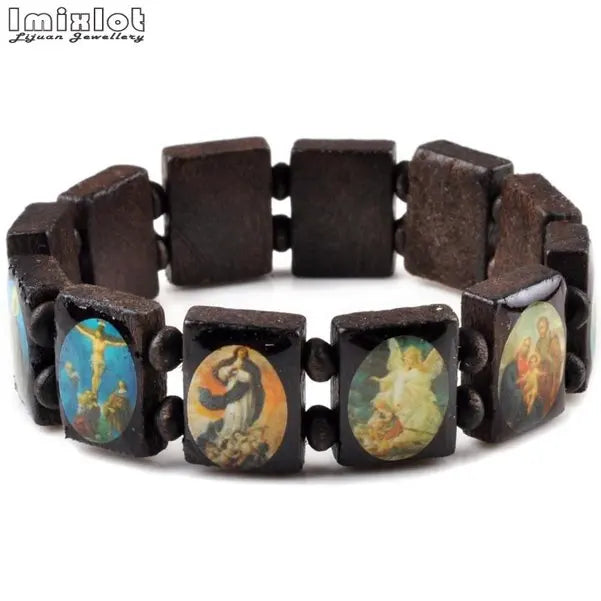 Wooden Rosary Bracelet - Elastic Colored Bead Catholic Prayer Bracelet with Jesus and Saint Design
