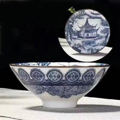 70ML Handmade Blue & White Porcelain Tea Cup – Dragon, Phoenix & Fish Pavilion Design for Chinese Kungfu Tea Ceremony