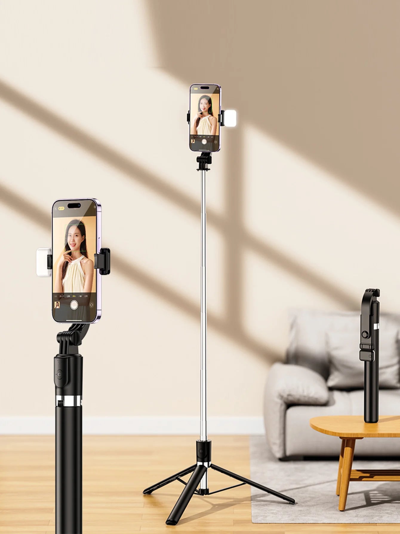 170cm/67in Selfie Stick Tripod – Extendable Aluminum Stand with Fill Light & Bluetooth Remote, Compatible with iPhone & Android