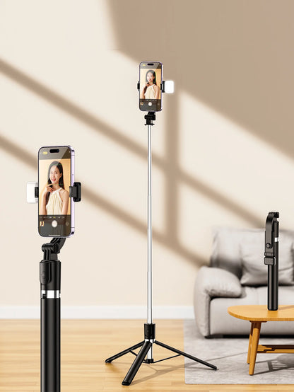 170cm/67in Selfie Stick Tripod – Extendable Aluminum Stand with Fill Light & Bluetooth Remote, Compatible with iPhone & Android