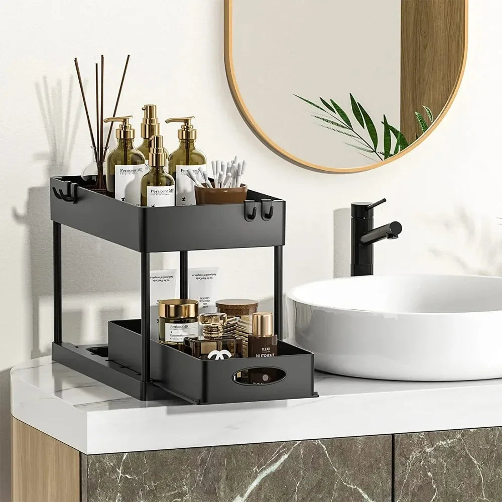2-Tier Under Sink Organizer - Sliding Cabinet Basket with Hooks, Hanging Cup for Bathroom and Kitchen Storage