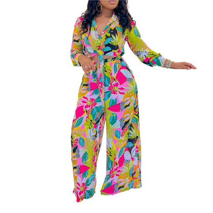Women’s 2-Piece Spring/Autumn Set – Printed Long Sleeve Lace-Up Shirt & Slim Straight Pants