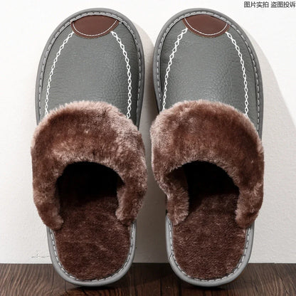 Men & Women Winter PU Leather Slippers — Black Waterproof Indoor Home Shoes, Warm Cozy House Slippers