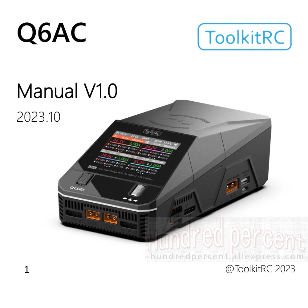 ToolkitRC Q6AC Charger — AC 400W/DC 1000W 4CH with USB A/Type-C, LiPo 1-6S, NiMH 1-16S, PB 1-10S, IPS Display