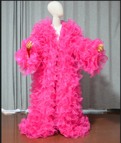 Layered Organza Long Jacket — Puffy Full Sleeve Cape Vest Outfit for Party, Fashion, Stage & Drag Queen Costume
