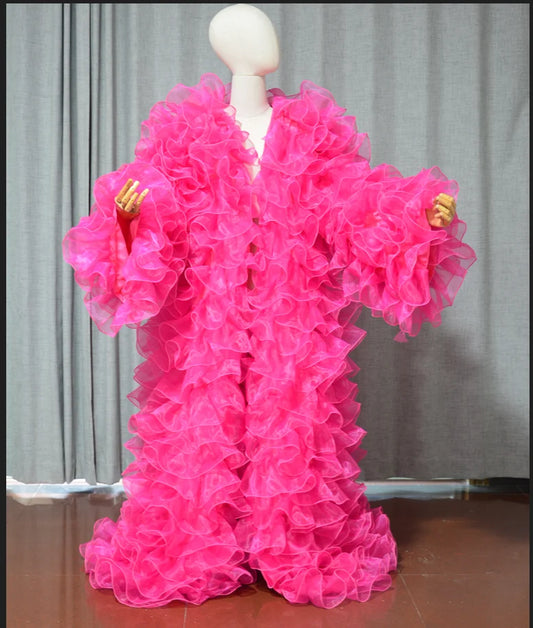 Layered Organza Long Jacket — Puffy Full Sleeve Cape Vest Outfit for Party, Fashion, Stage & Drag Queen Costume
