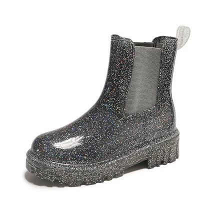 Women’s Shiny Color Fashion Rain Boots – Four-Season Waterproof Mid-Tube Ankle Outdoor Shoes