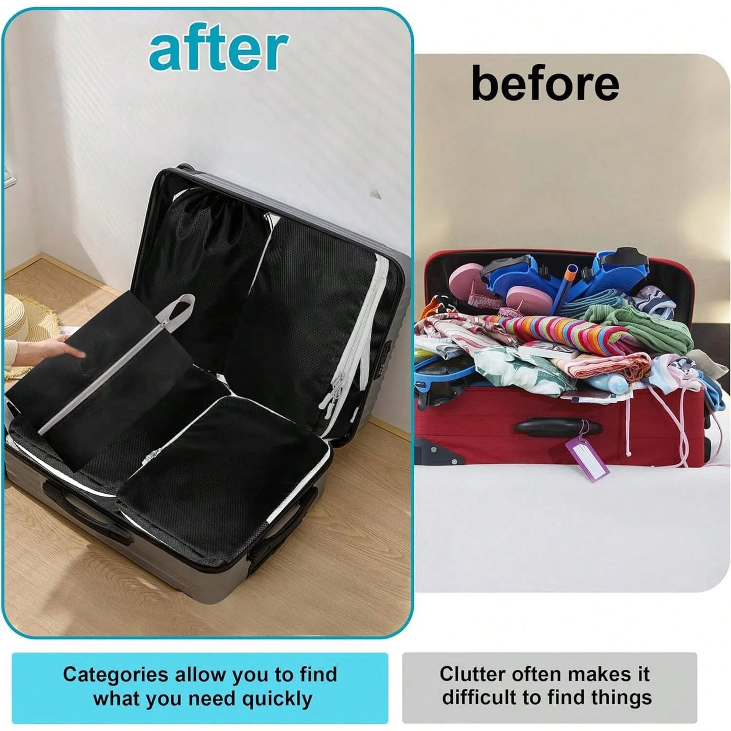 6-Piece Compressible Waterproof Nylon Packing Cubes Set – Portable Travel Storage Bags with Handbag Luggage Organizer